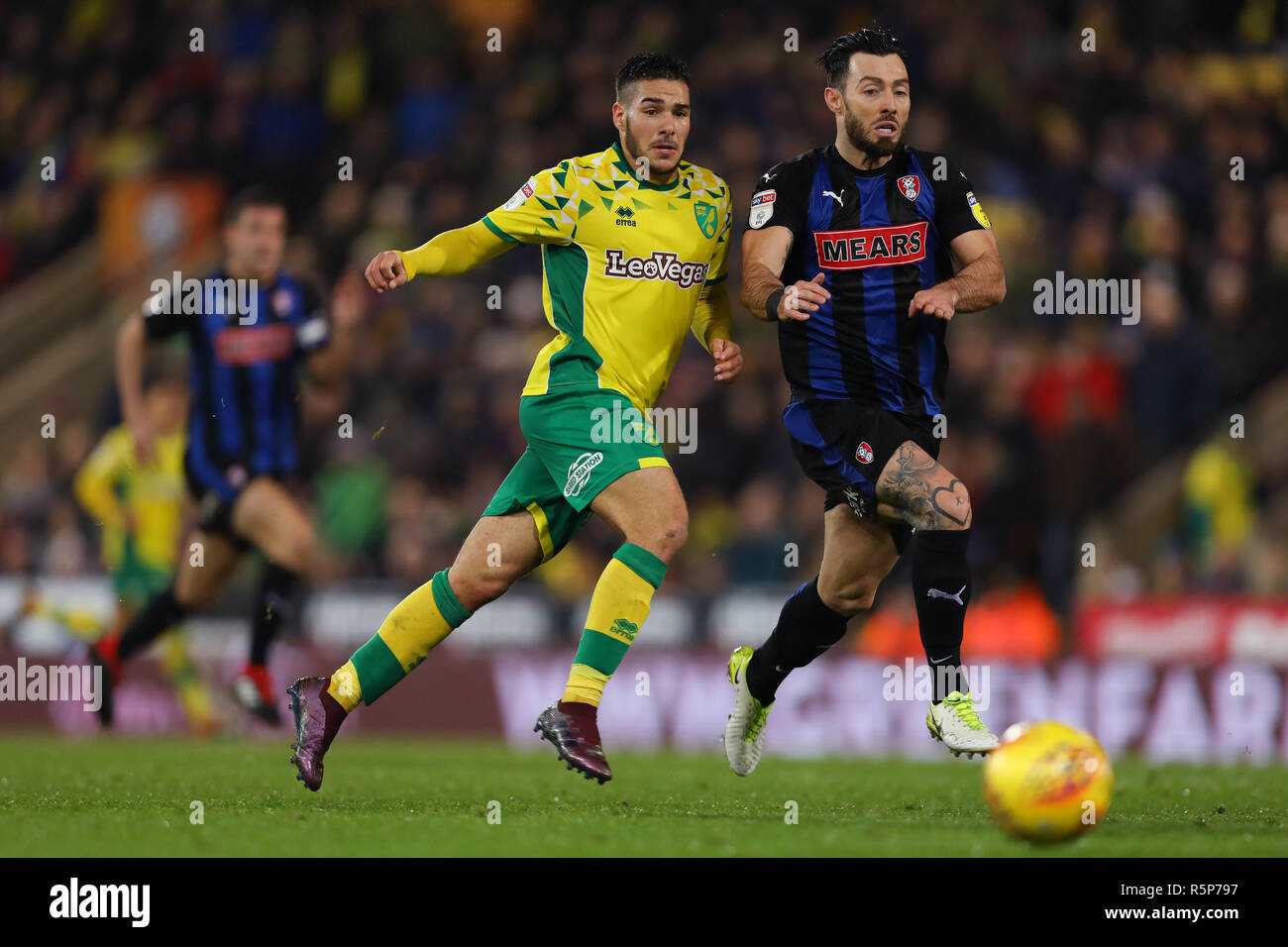 Norwich, UK. 1st December, 2018. Emi Buendia of Norwich City and Richie Towell of Rotherham United - Norwich City v Rotherham United, Sky Bet Championship, Carrow Road, Norwich - 1st December 2018  Editorial Use Only - DataCo restrictions apply Credit: MatchDay Images Limited/Alamy Live News Stock Photo