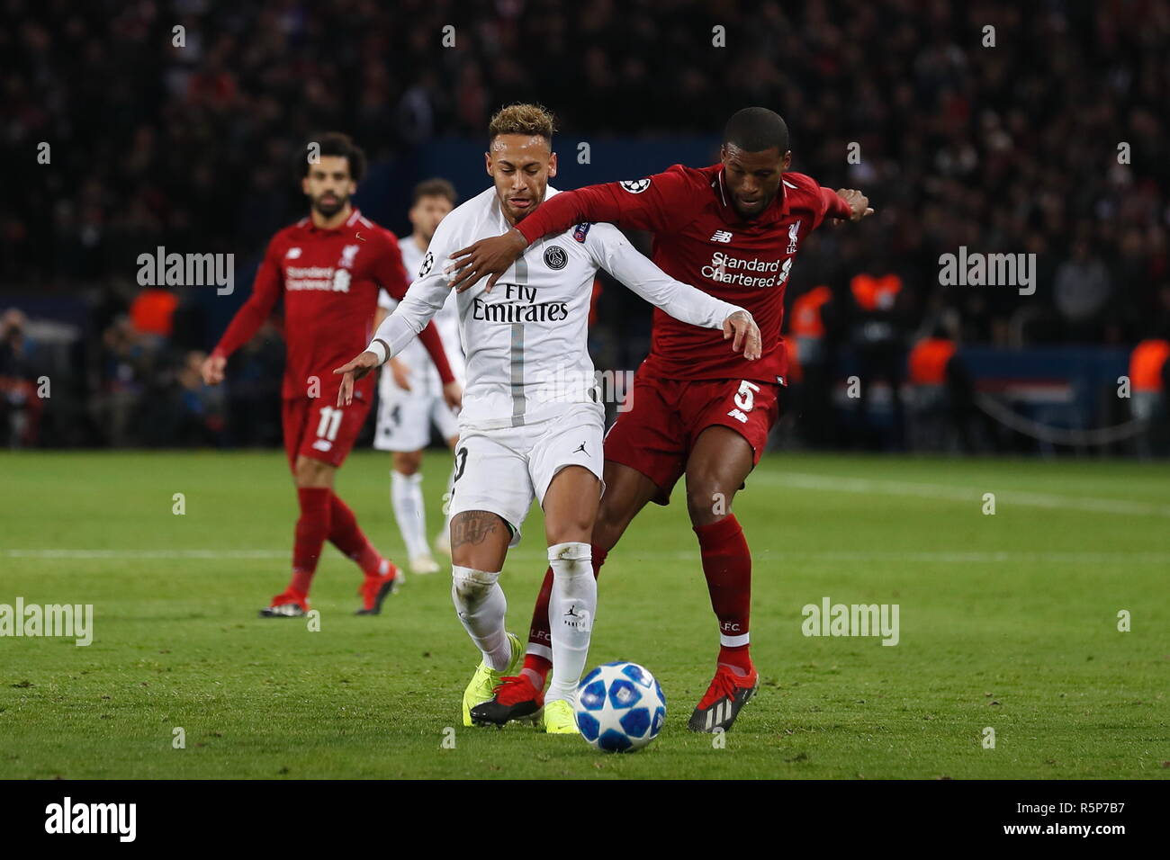 Paris, France. 28th Nov, 2018. (L-R) Neymar (PSG), Georginio Wijnaldum ( Liverpool) Football/Soccer : UEFA Champions League Mtchday 5 Group C match  between Paris Saint-German 2-1 Liverpool FC at the Parc des Princes