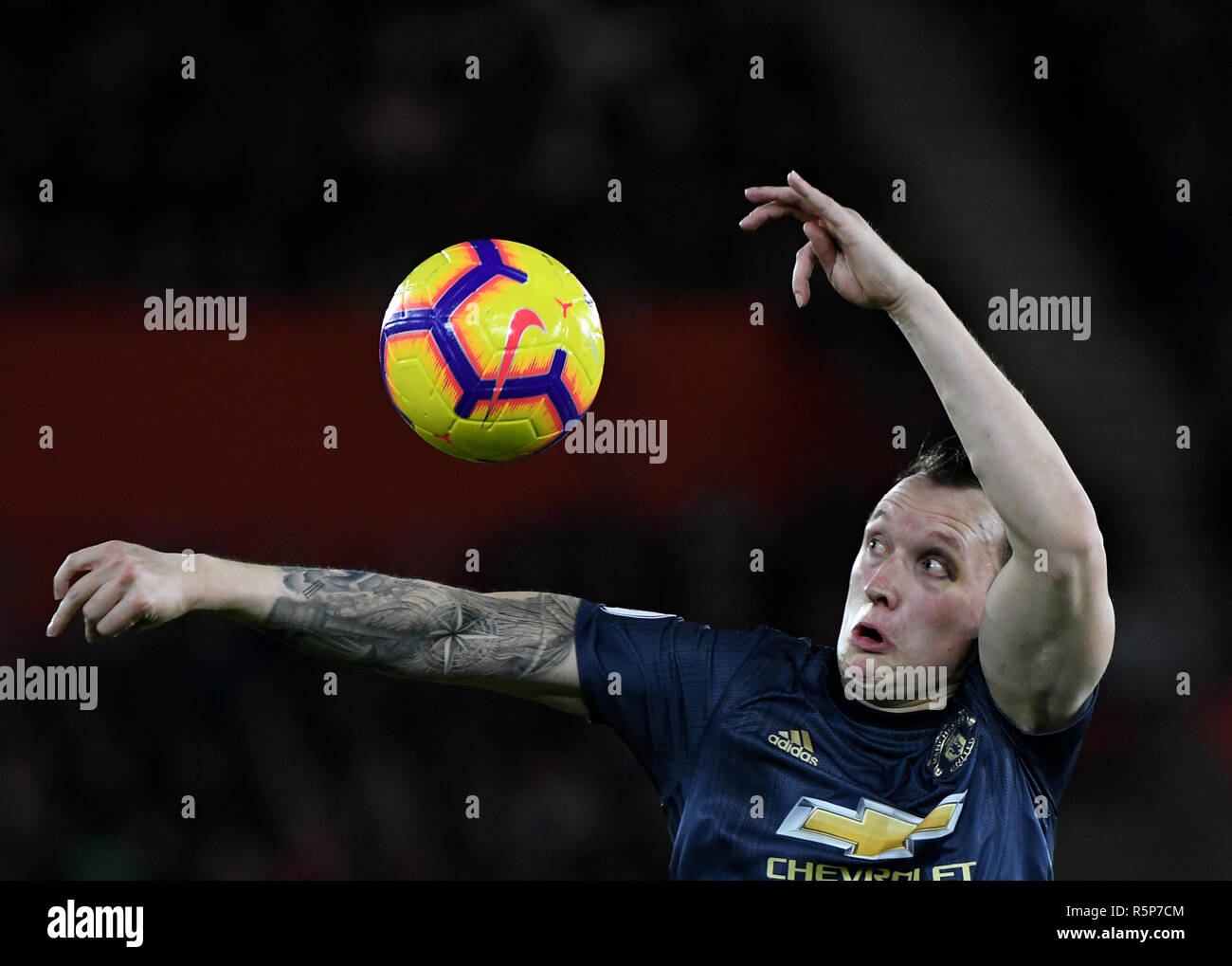 Southampton, UK. 1st December, 2018. Phil Jones of Manchester United l- Southampton v Manchester United, Premier League, St Mary's Stadium, Southampton - 1st December 2018  Editorial Use Only - DataCo restrictions apply Credit: MatchDay Images Limited/Alamy Live News Stock Photo