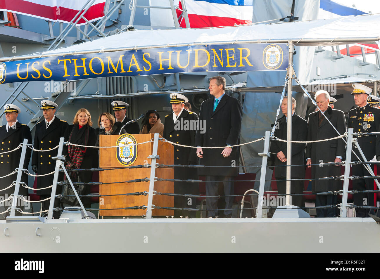 Boston, Massachusetts, USA. 1st December, 2018. Black Falcon Terminal, Boston, Massachusetts. 1st December, 2018. Select guests and dignataries at the USS Hudner (DDG 116) commissioning ceremony.Maia Kennedy/Alamy Live News Stock Photo