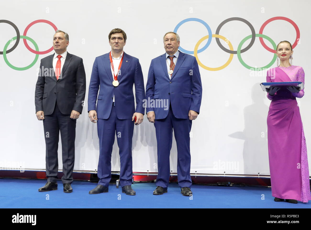 Moscow Russia December 2 2018 The President Of The Russian Olympic Committee Roc Stanislav Pozdnyakov L Freestyle Wrestler Bakhtiyar Akhmedov 2nd L And A Member Of The International Olympic Committee Ioc