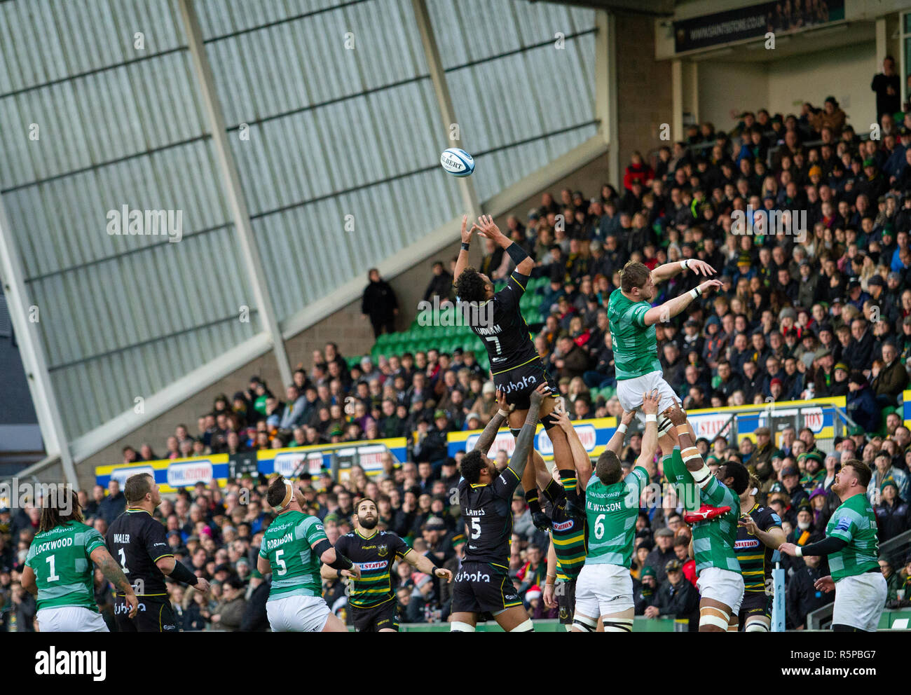 Northampton, UK. 1st December 2018. Lewis Ludlam of Northampton Saints Takes a line out ball during the Gallagher Premiership Rugby match between Northampton Saints and Newcastle Falcons. Andrew Taylor/Alamy Live News Stock Photo