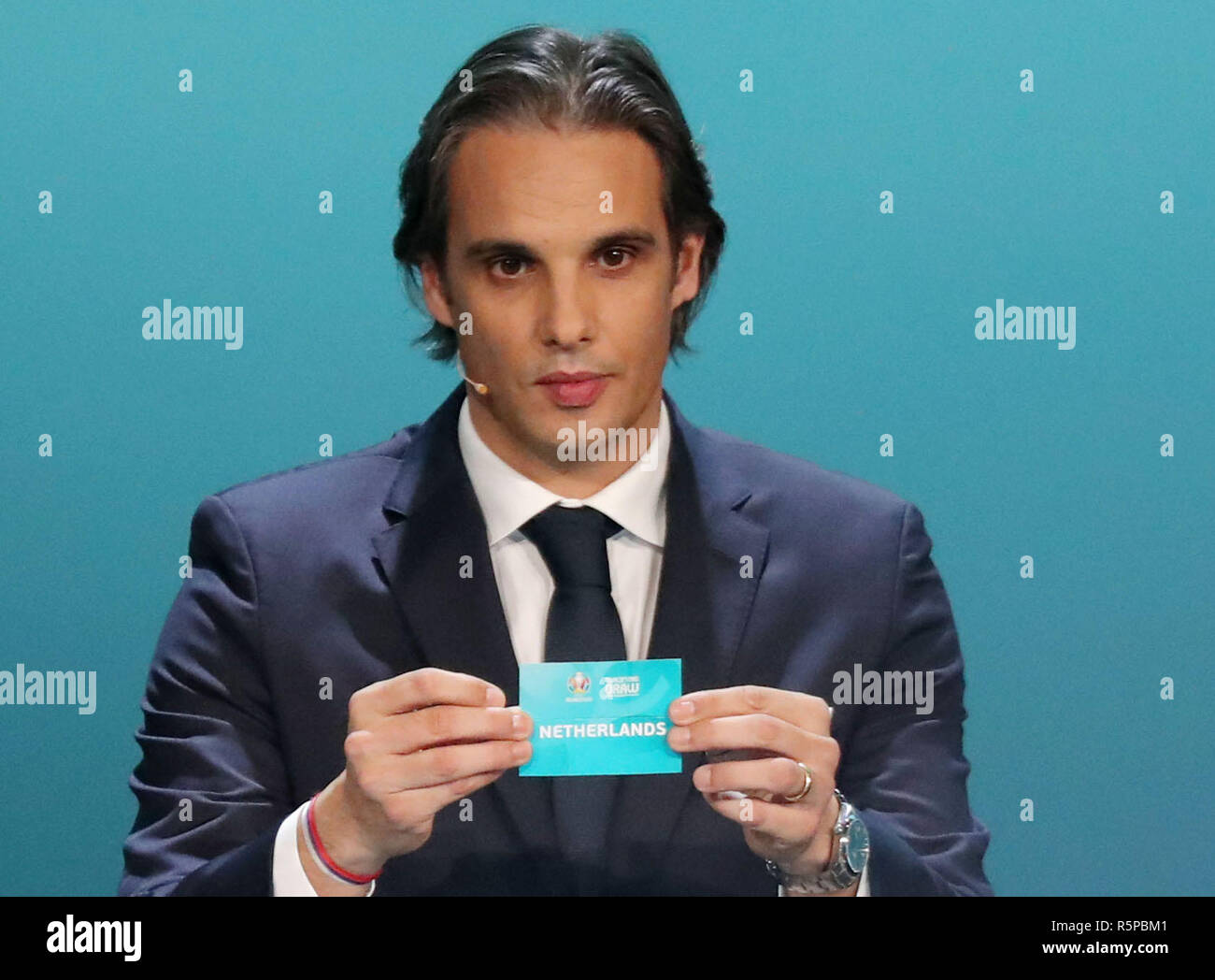 Dublin, Ireland. 02nd Dec, 2018. Nuno Gomes from Portugal shows the lot of the Netherlands in the draw of the qualification groups for the EM 2020. Credit: Christian Charisius/dpa/Alamy Live News Stock Photo