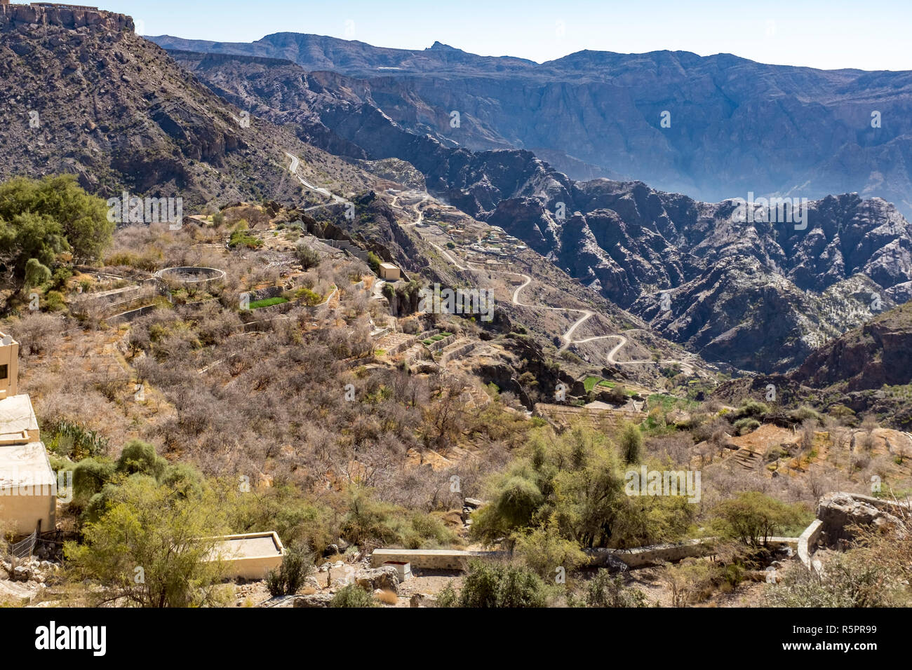 Traditional villages and terraces around Jebel Akdar in the Al Hajar Mountains Stock Photo