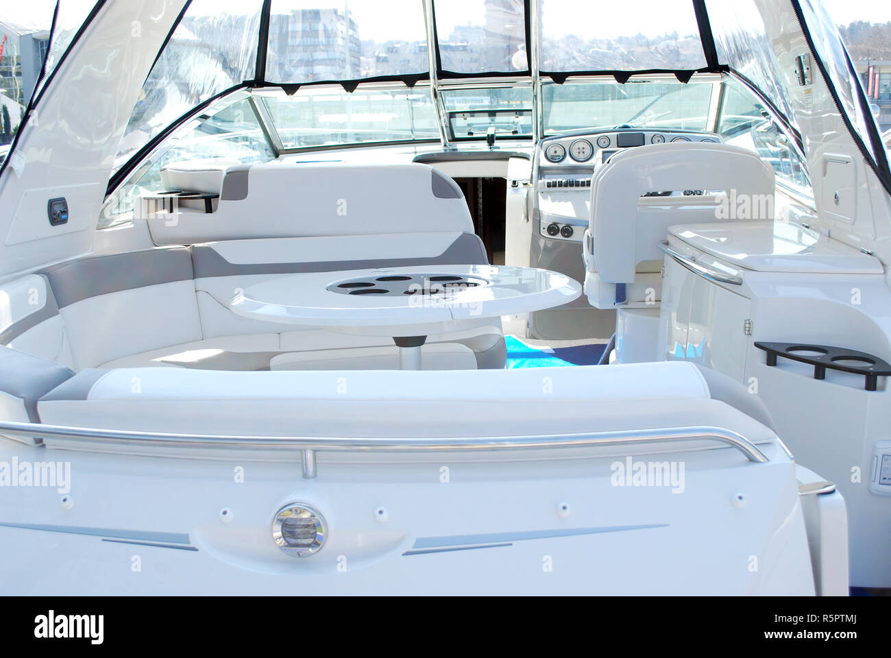luxury yacht interior cockpit dashboard and table Stock Photo Alamy
