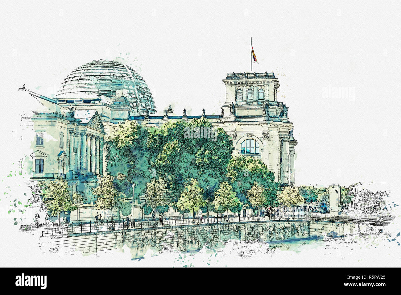 Watercolor sketch or illustration of a beautiful view of the Reichstag ...
