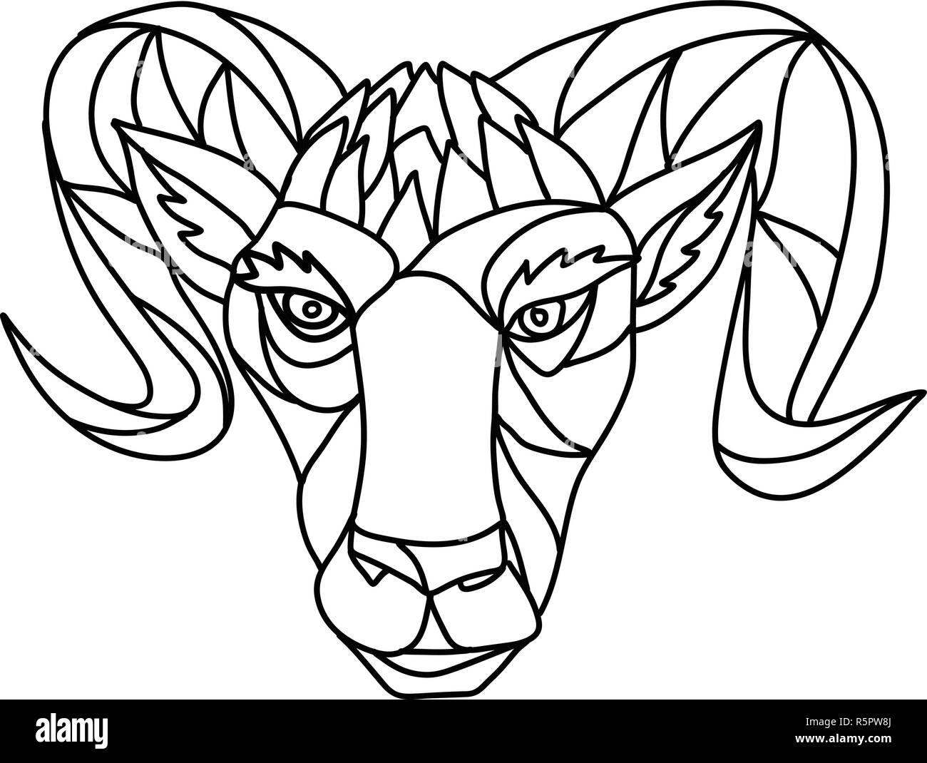 Mosaic low polygon style illustration of a head of a bighorn sheep ram viewed from front on isolated white background in black and white. Stock Vector