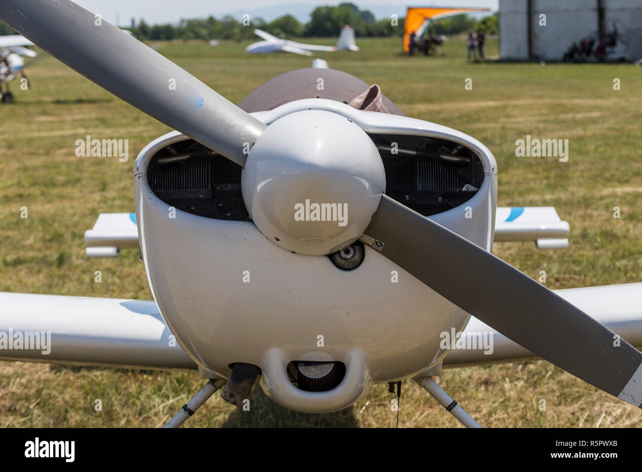 Close up of the props and cooling system on a lightweight airplane