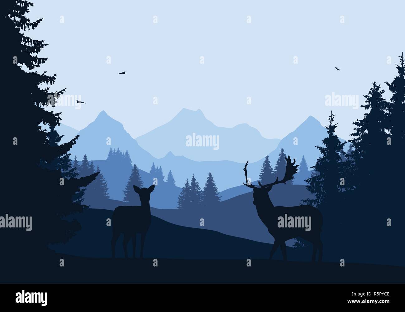 Realistic illustration of mountain landscape with forest and two deer ...