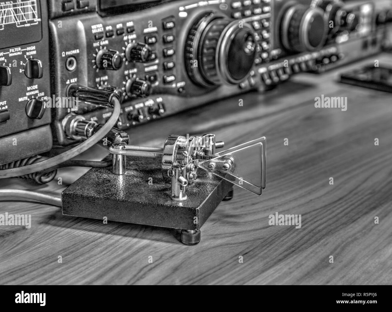Modern high frequency radio amateur transceiver in black and white