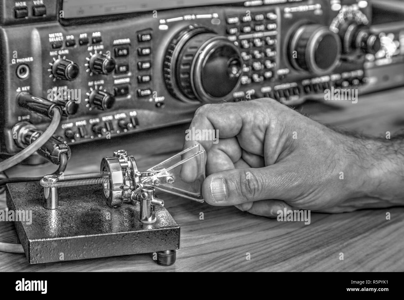Modern high frequency radio amateur transceiver in black and white
