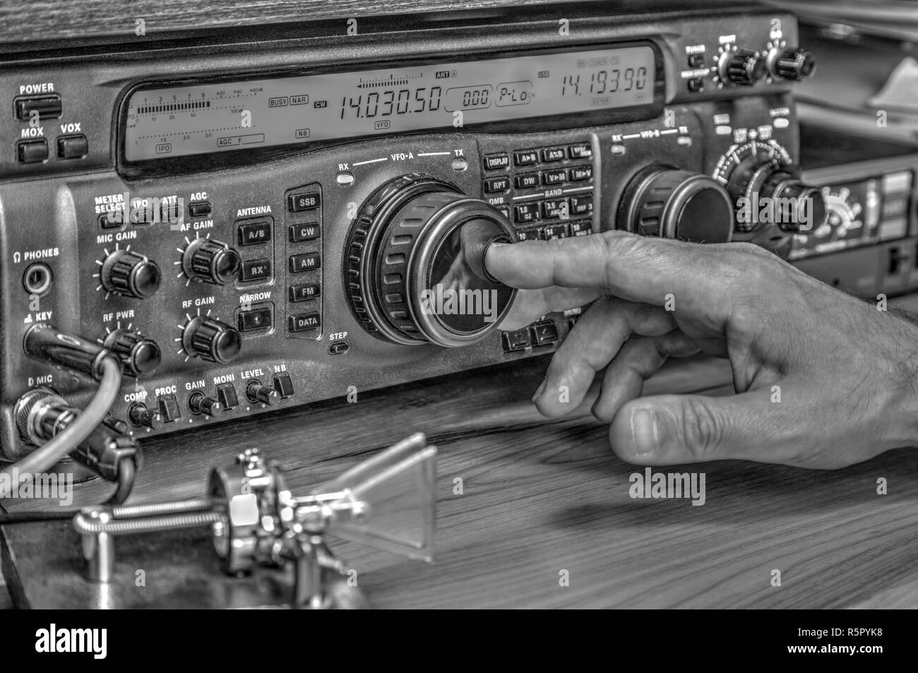 Modern high frequency radio amateur transceiver in black and white