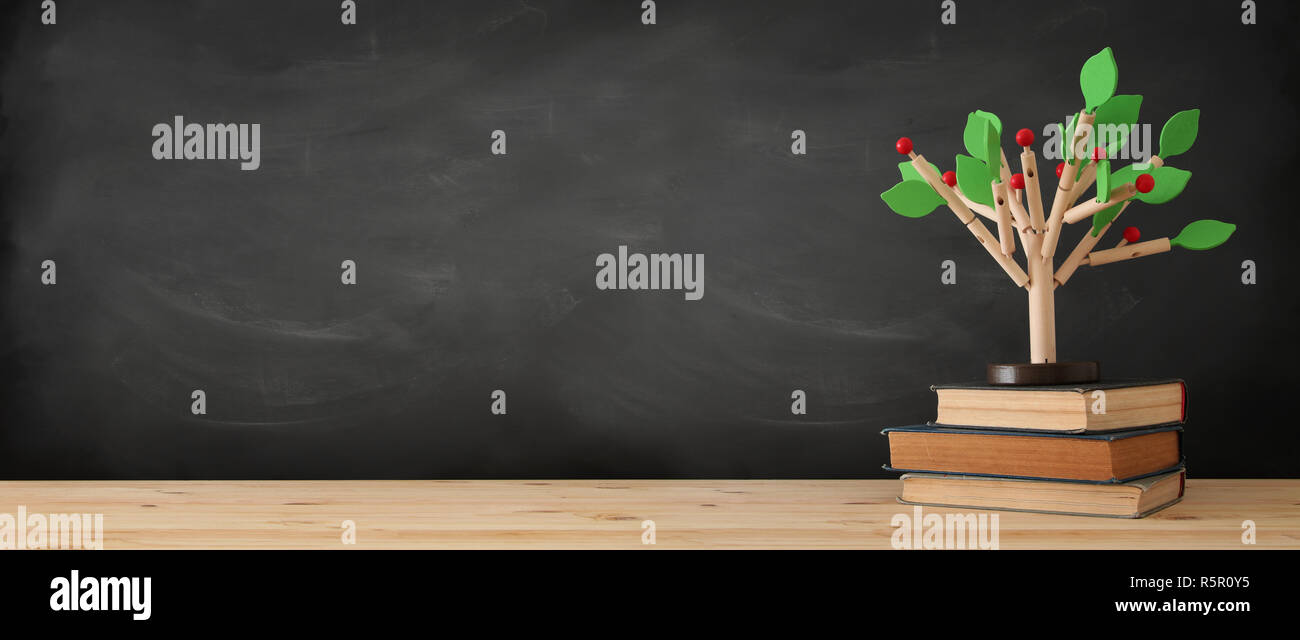 banner of open book and wooden tree puzzle over blackboard background ...