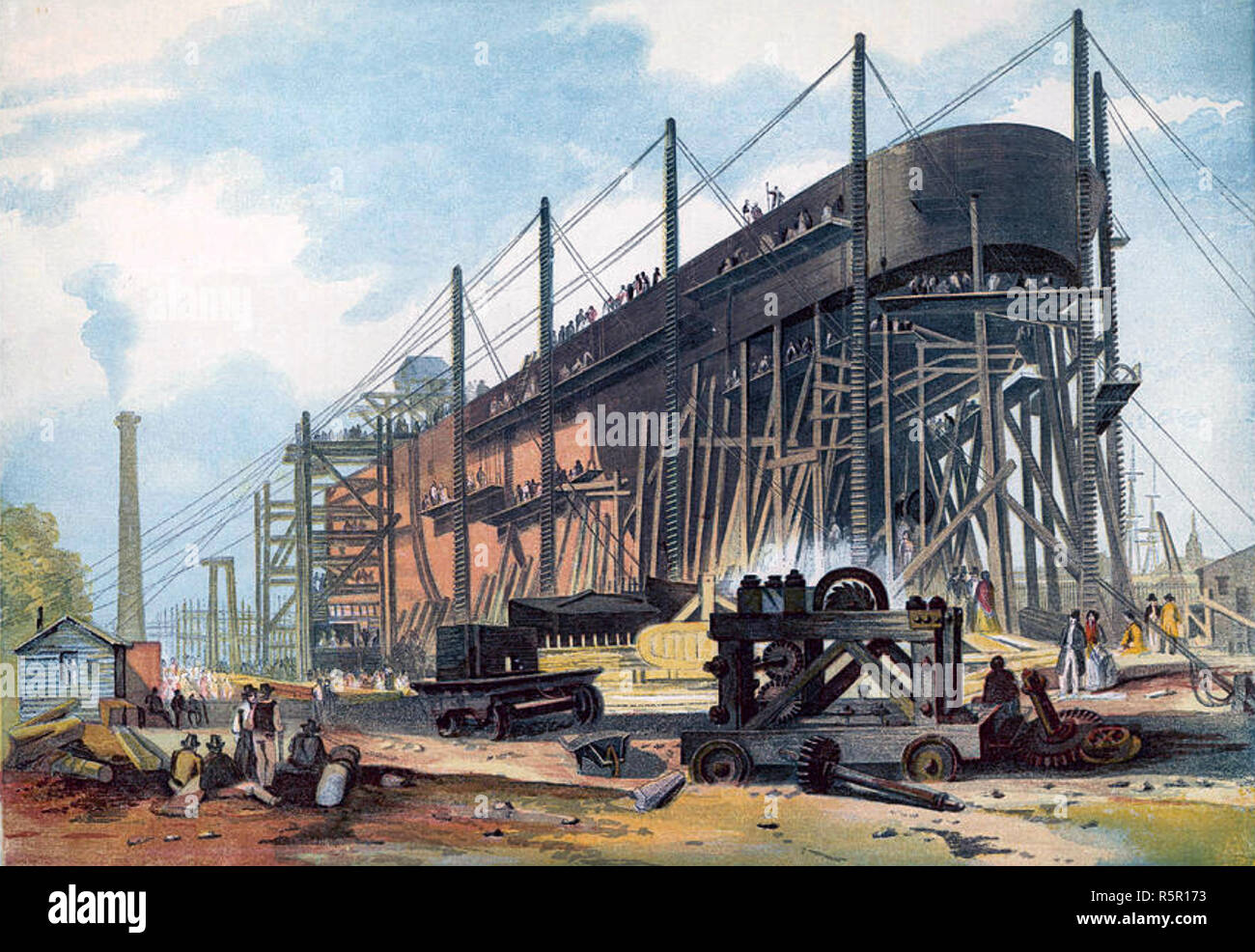SS GREAT EASTERN under construction at Millwall Iron Works on the River Thames, east London, about 1857 Stock Photo