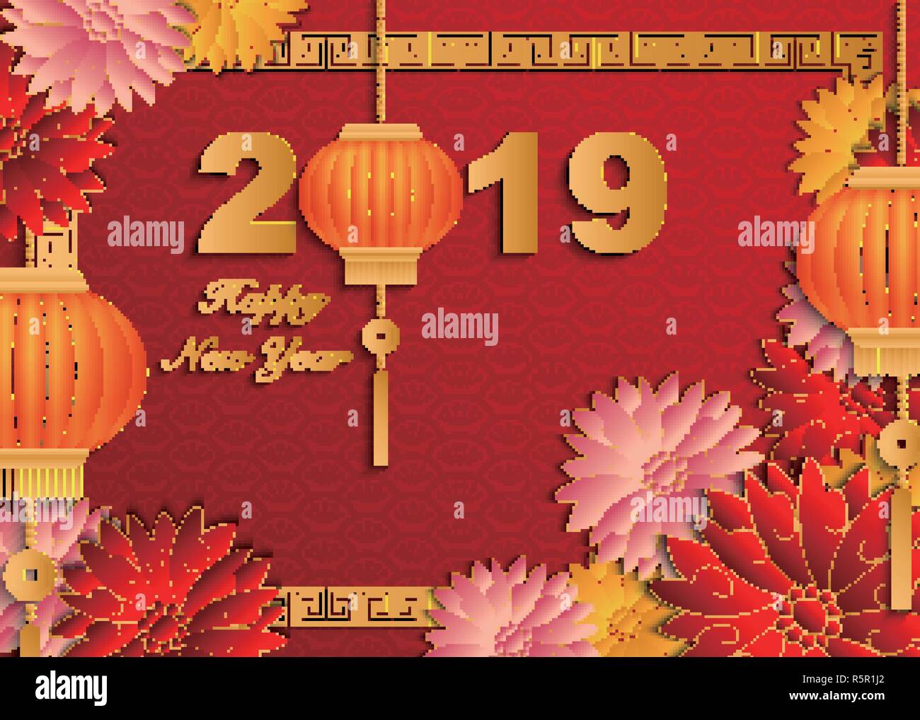 Happy Chinese New Year 19 Retro Gold Relief Flower Lantern And Lattice Frame Idea For Greeting Card Web Banner Design Stock Vector Image Art Alamy