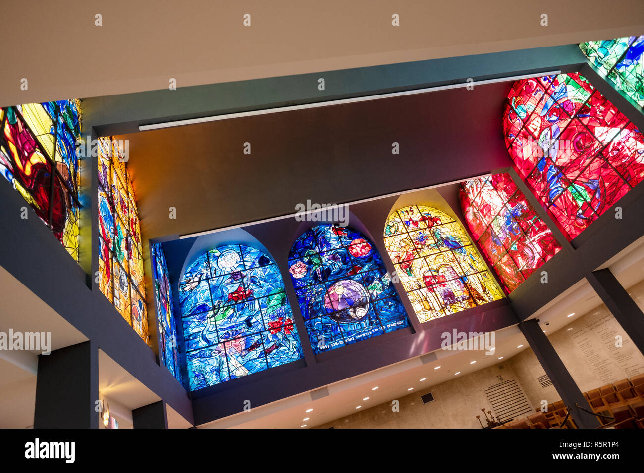 Some  of nine Chagall Windows  at the Abbell Synagogue at the Hadassah University Medical Center in Jerusalem, Israel. Stock Photo