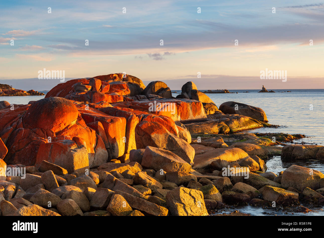 Sunrise At Bay Of Fires Tasmania Australia Red Lichen And A Dramatic sunrise-at-bay-of-fires-tasmania-australia-red-lichen-and-a-dramatic