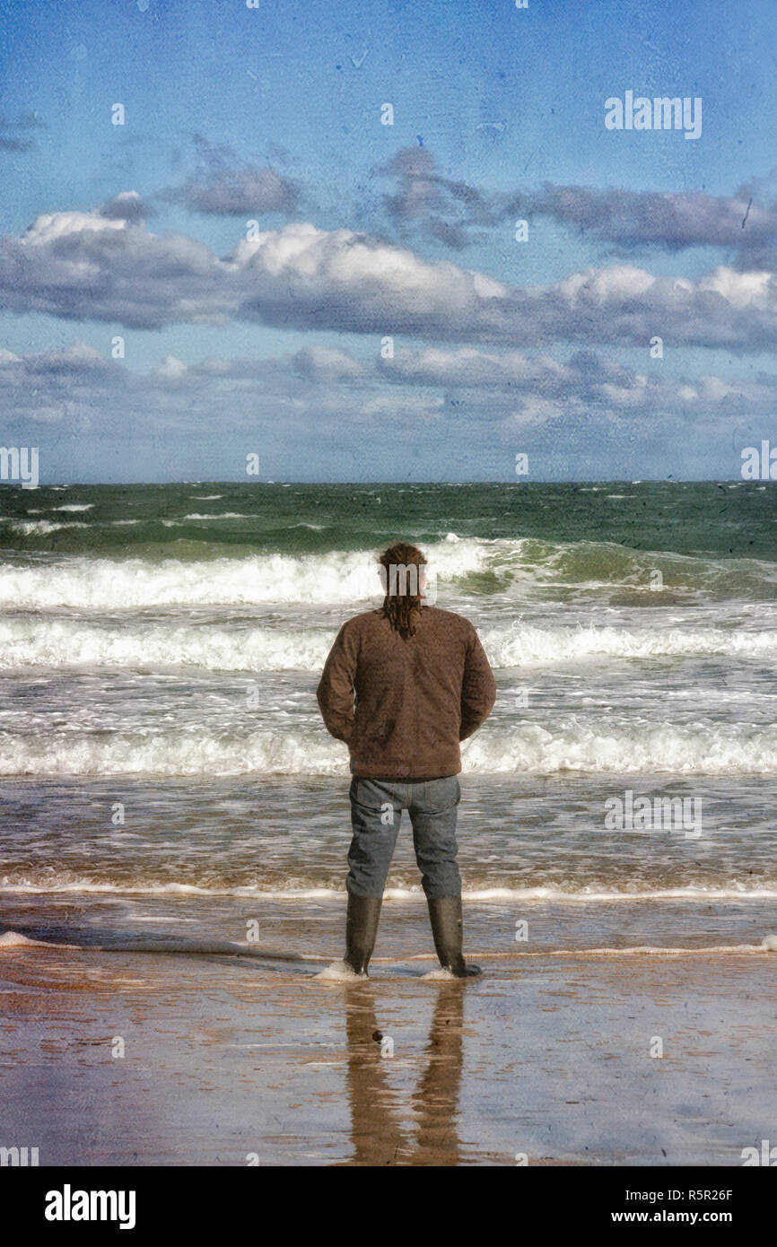 Man On A Beach In Cornwall UK Stock Photo Alamy man-on-a-beach-in-cornwall-uk-stock-photo-alamy