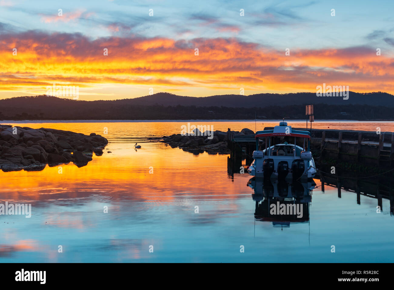 Binalong Bay, Tasmania, Australia. Sunset over the iconic Tasmanian location in the Bay of Fires. Stock Photo