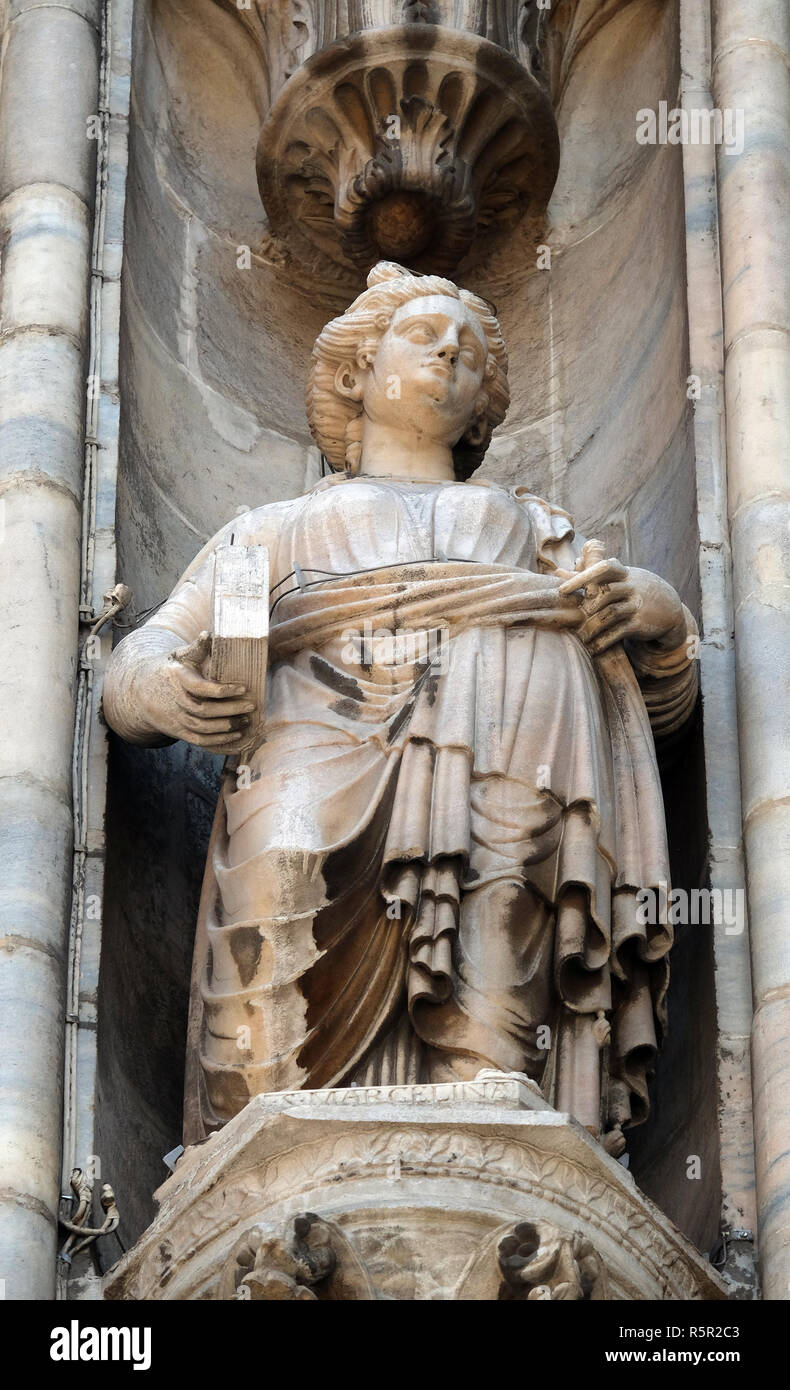 Saint Marcellina, statue on the Milan Cathedral, Duomo di Santa Maria Nascente, Milan, Lombardy, Italy Stock Photo