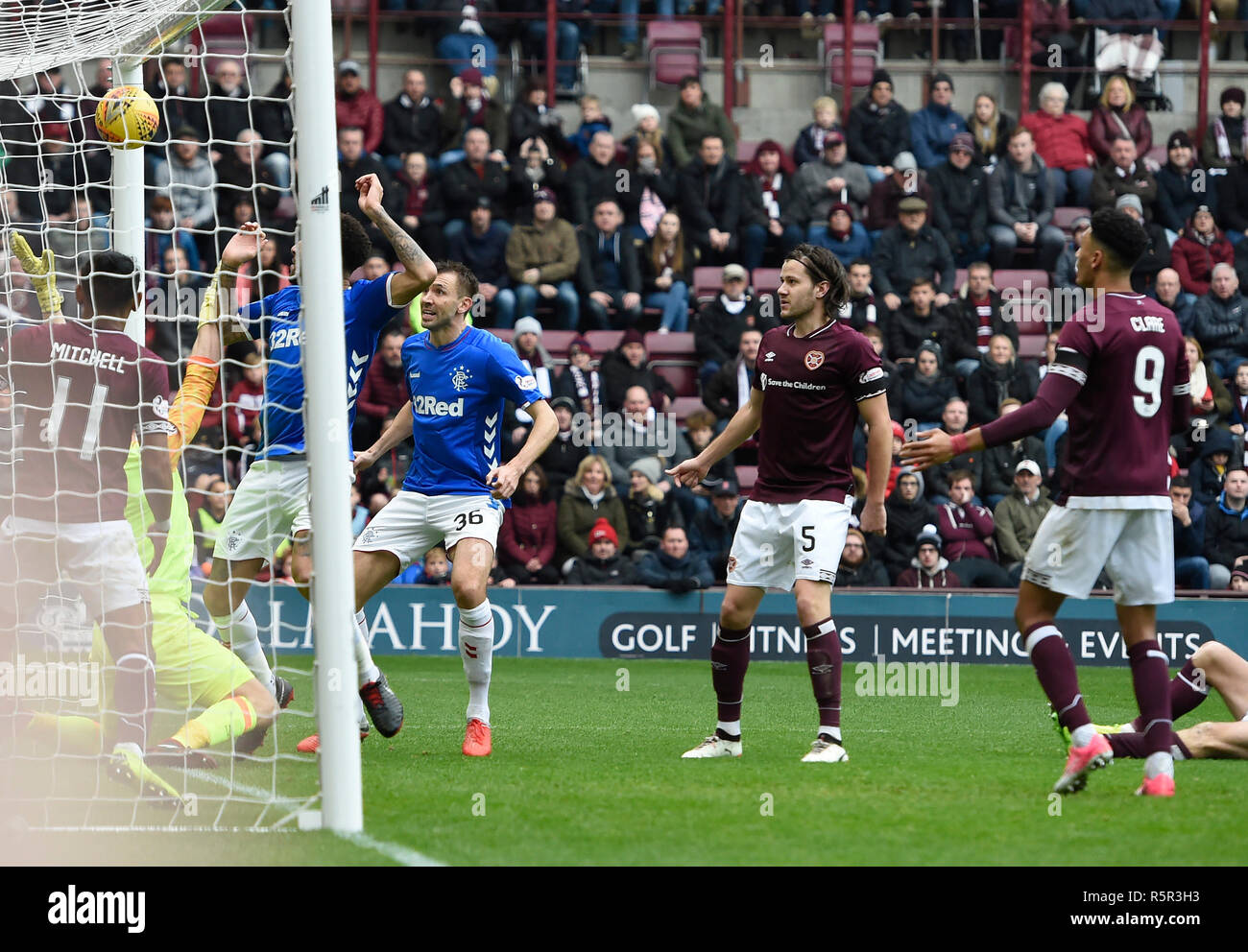 Rangers' Connor Goldson scores his side's first goal of the game during the Ladbrokes Scottish Premiership match at Tynecastle Stadium, Edinburgh. Stock Photo