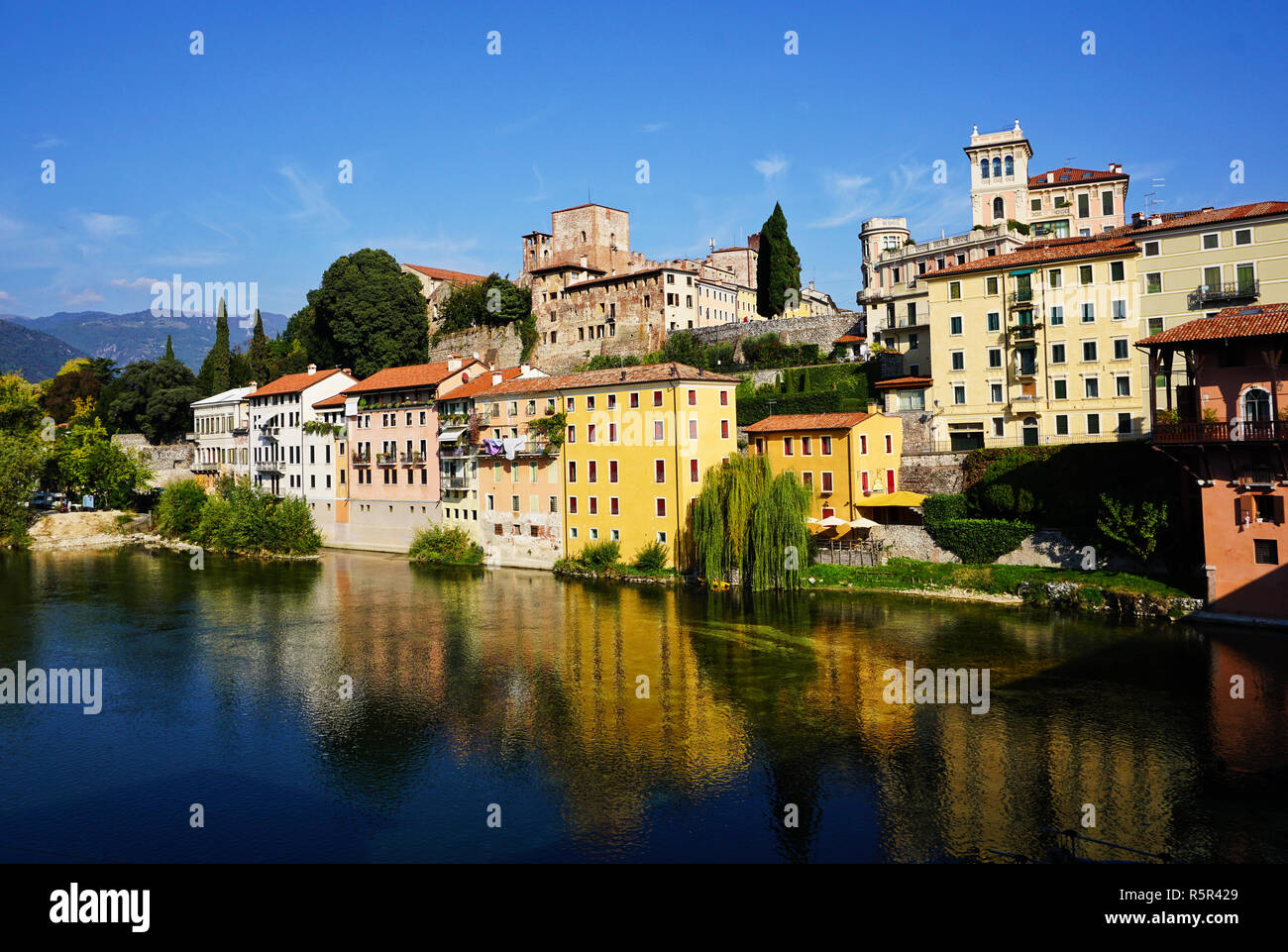 Old houses on the Brenta River, Bassano del Grappa, Italy Stock Photo