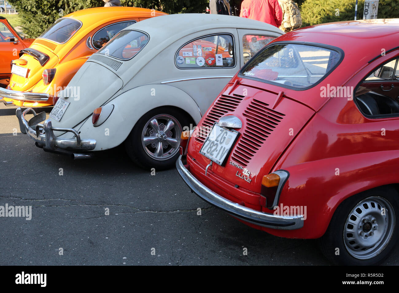 VW Volkswagen Beetle and Zastava 750, vintage cars exhibited during the Retro Mobile Parade in Zagreb, Croatia Stock Photo