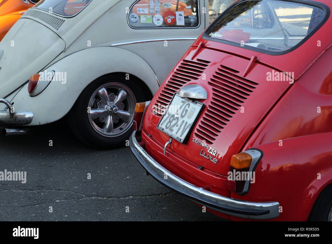 VW Volkswagen Beetle and Zastava 750, vintage cars exhibited during the Retro Mobile Parade in Zagreb, Croatia Stock Photo