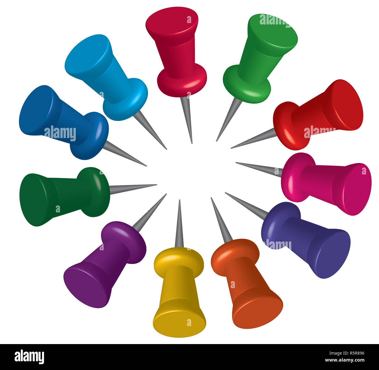 Set of push pins in different colors. Thumbtacks. Illustration isolated on white background