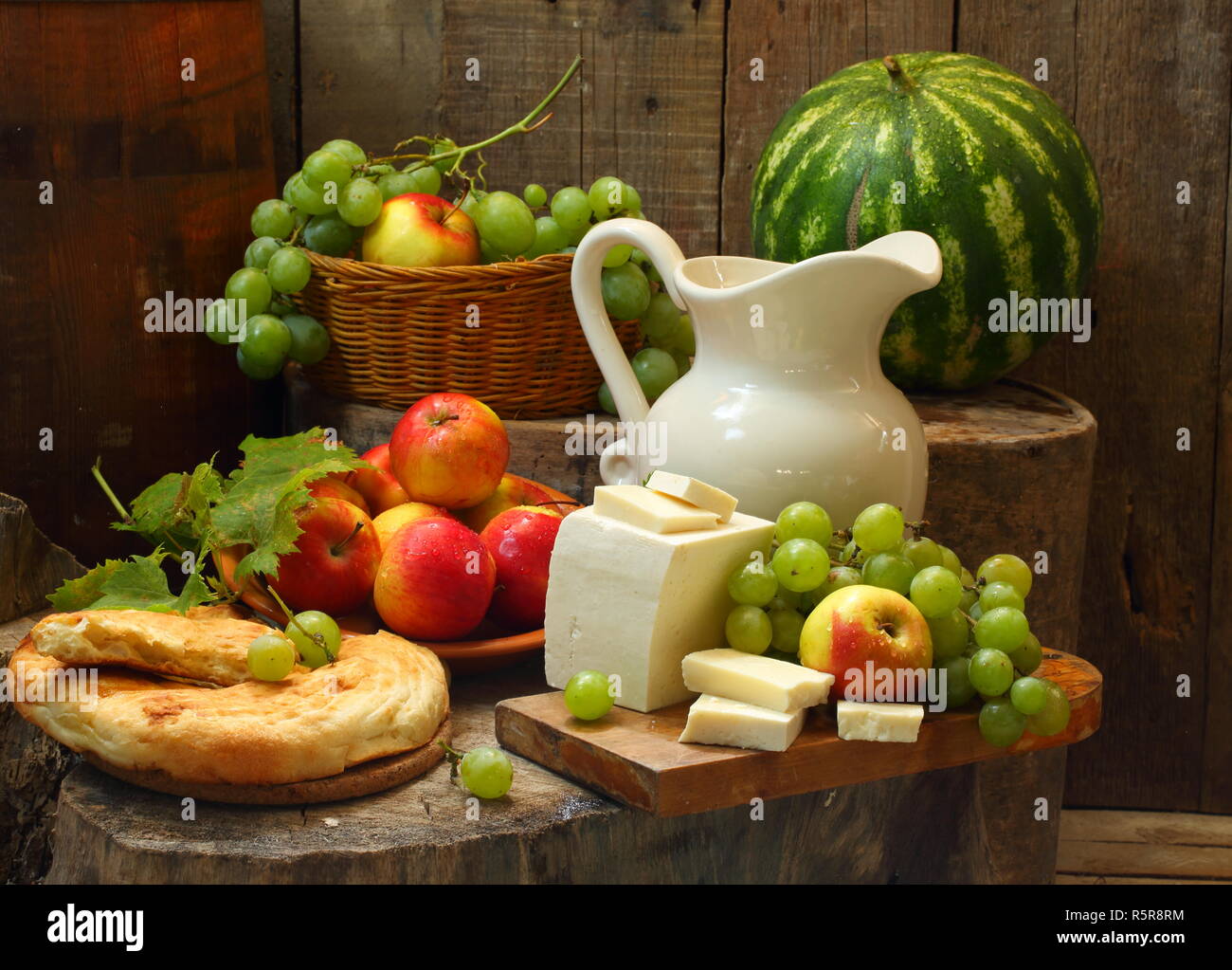 Still life with red wine and watermelon Stock Photo Alamy