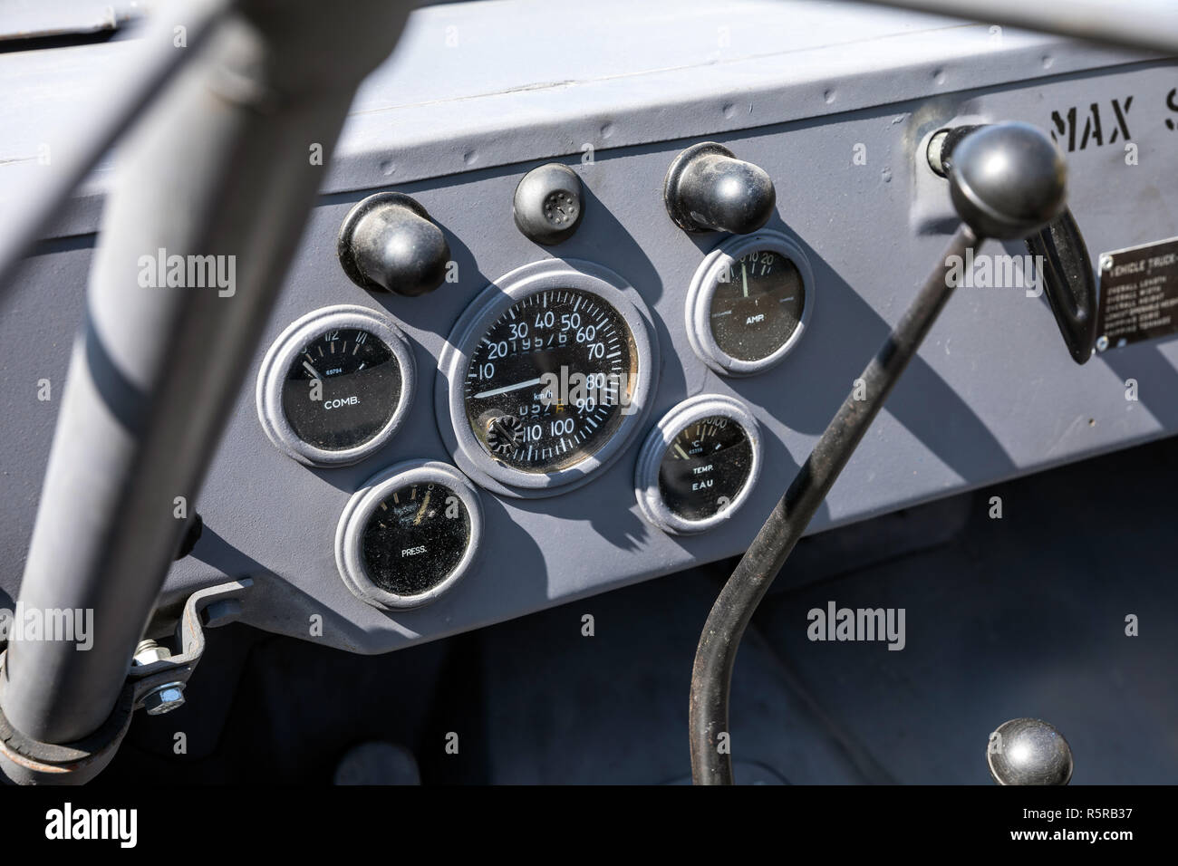 Dashboard of military bluish gray vehicle of the WWII Stock Photo