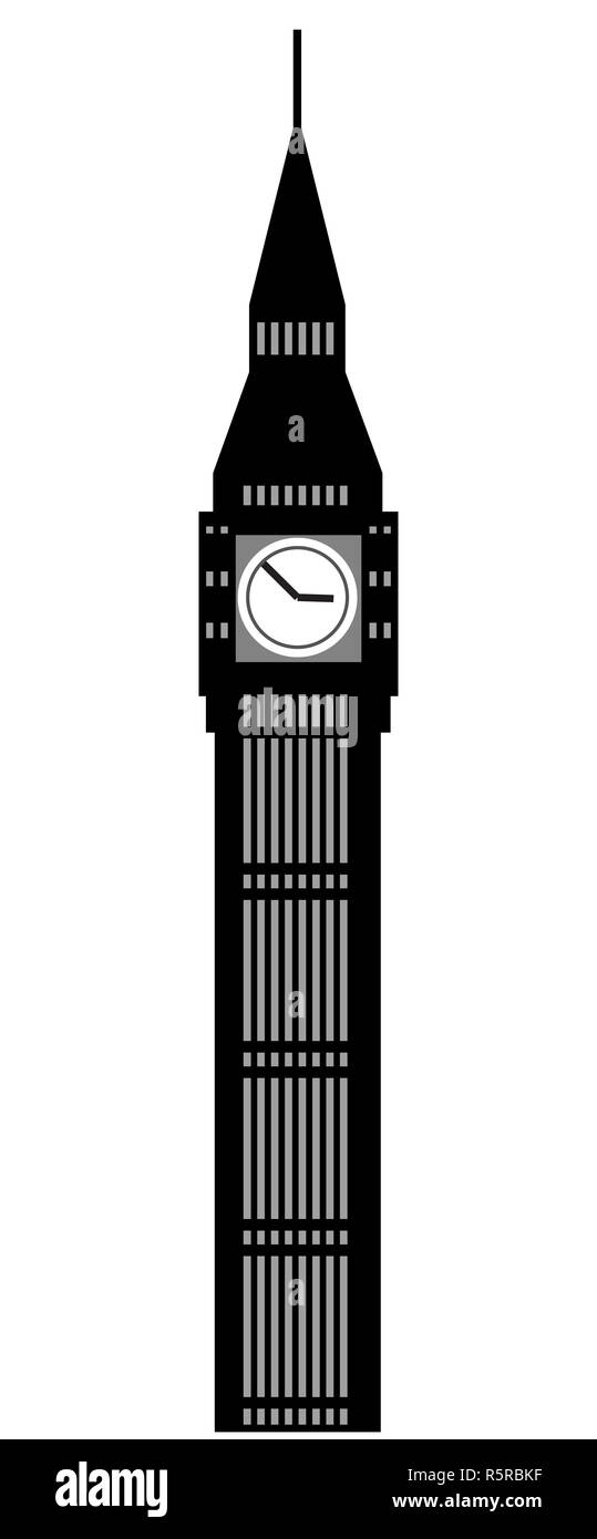 Image of cartoon Big Ben clock silhouette. Vector illustration isolated on white background