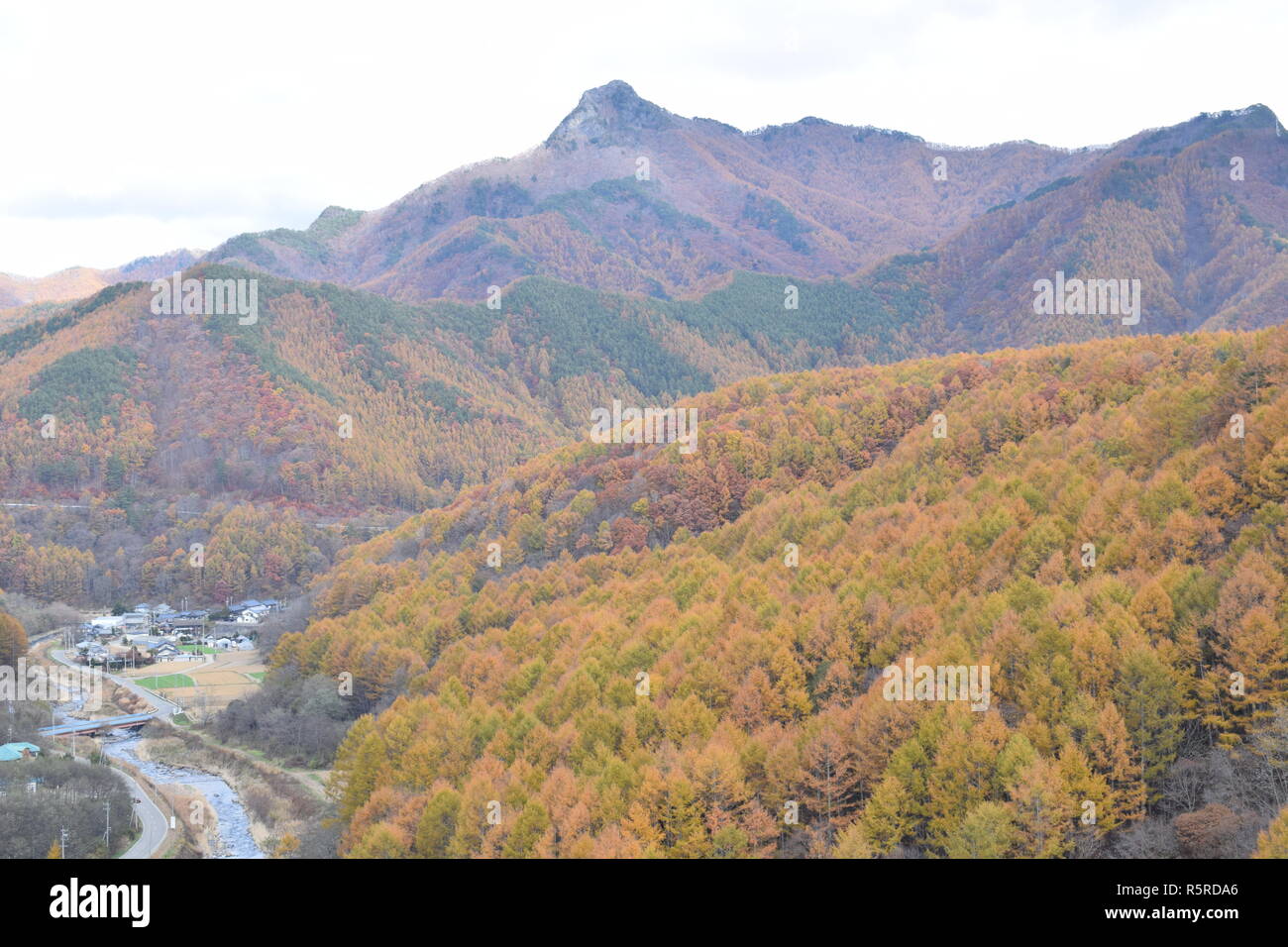Small settlement and autumn mountain, Nagano prefecture, Japan Stock Photo