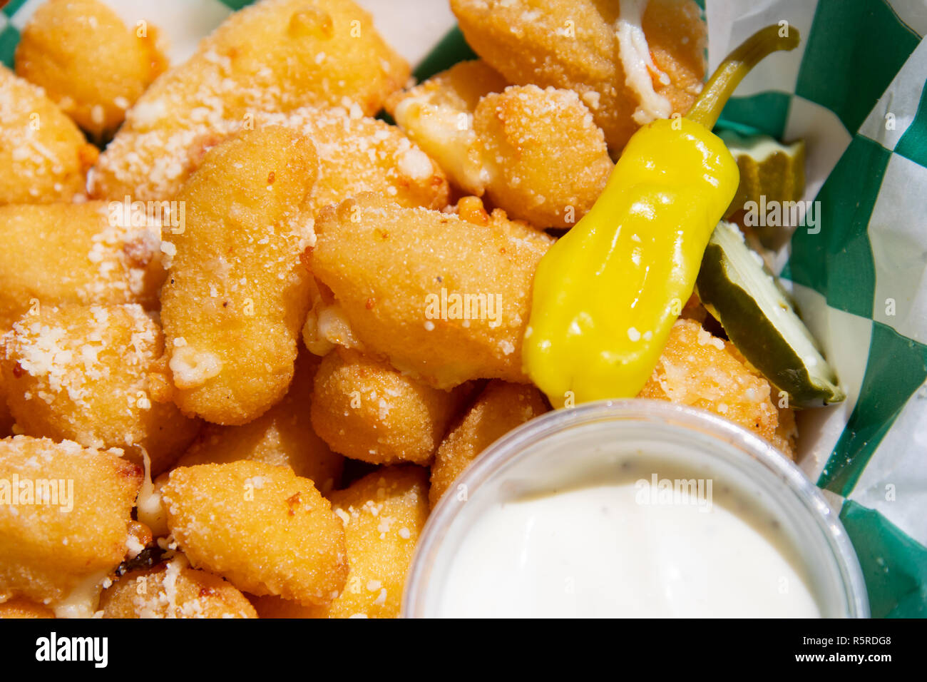 Brat and deep fried cheese curds at Milwaukee Brat House, Milwaukee, WI