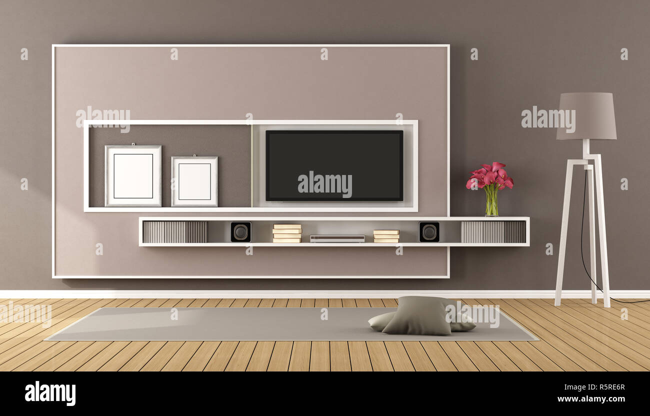 Brown living room with tv Stock Photo