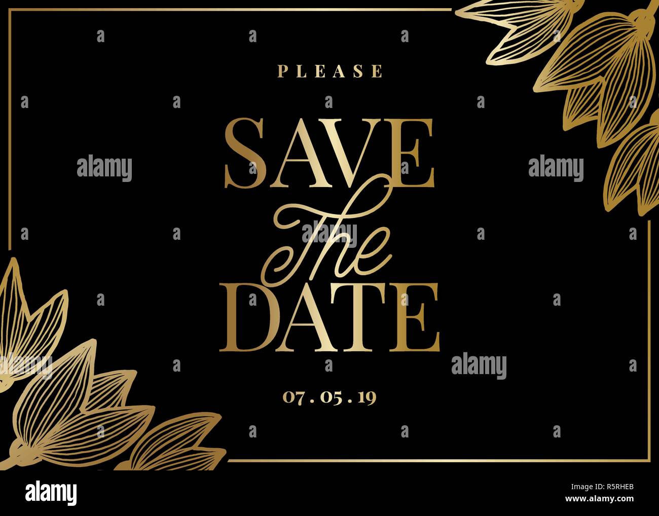 Save the Date template with hand drawn golden tulip shapes and sample text  layout on black background. Elegant and creative vector wedding invitation  Stock Vector Image & Art - Alamy
