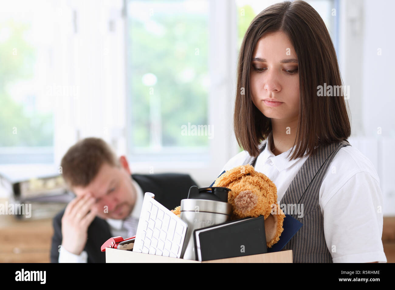 Angry yelling boss point arm to exit Stock Photo