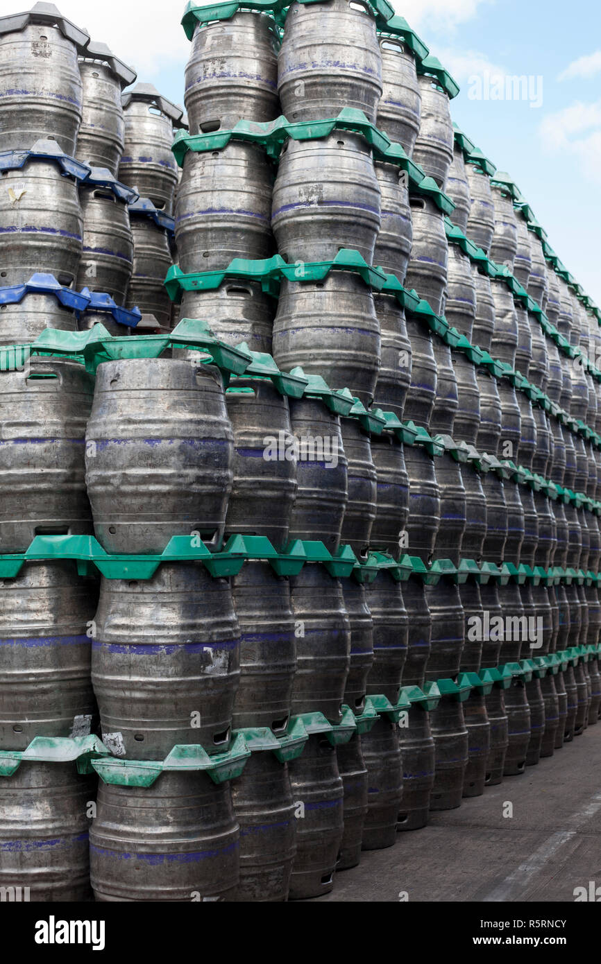 Kegs stocked in the brewery. Stock Photo