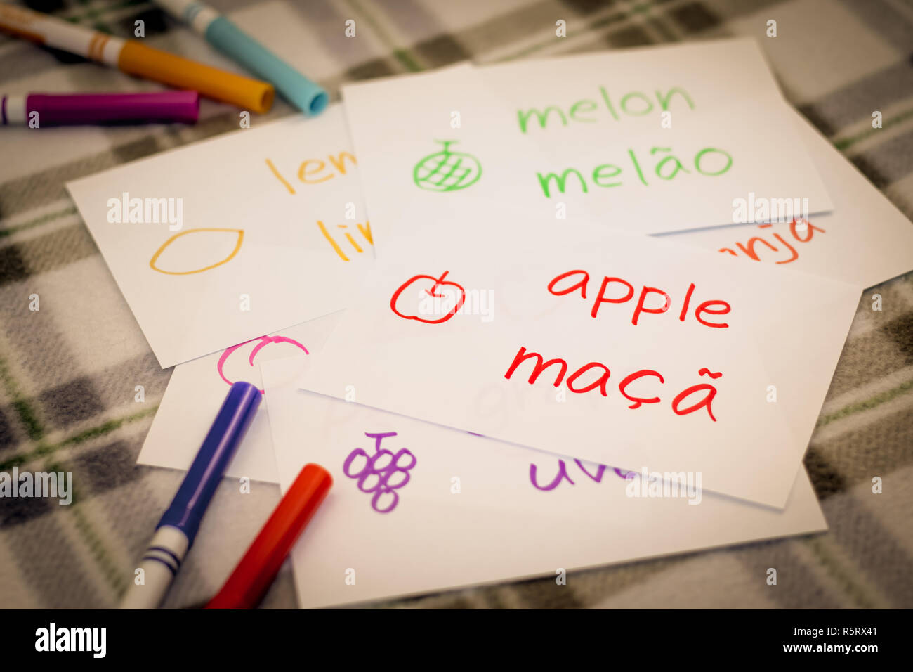 Portuguese  Learning New Language with Fruits Name Flash Cards Stock Photo