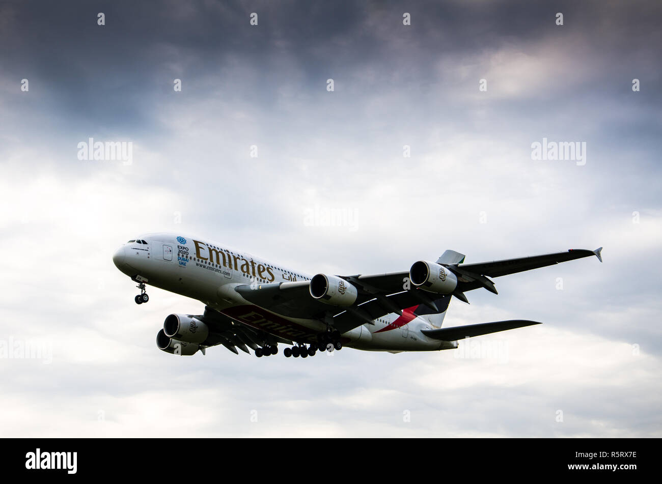 Emirates A380 aircraft landing at heathrow Stock Photo