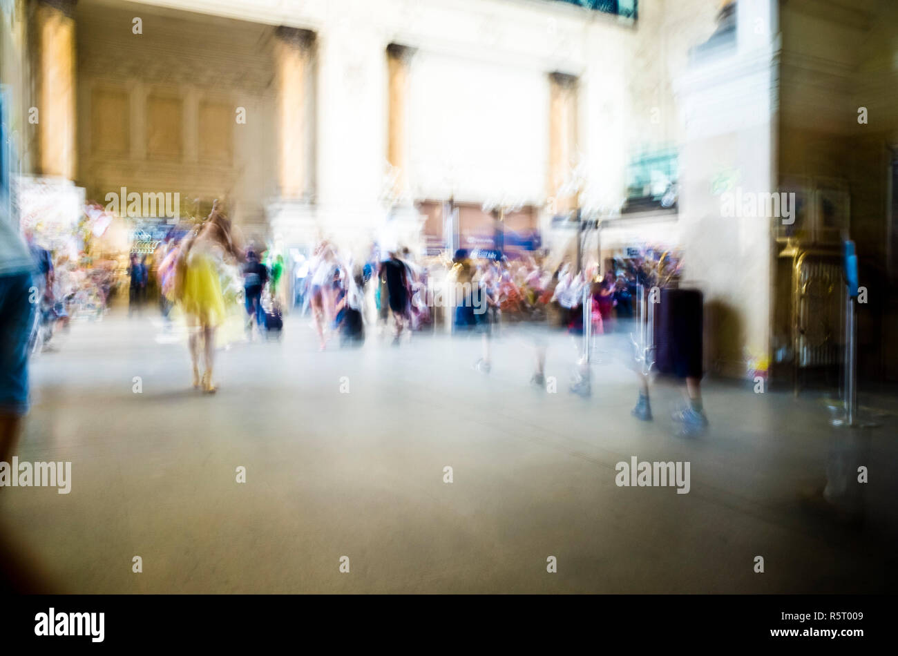 people at the railway station, slow shutter effect, motion blur abstract Stock Photo