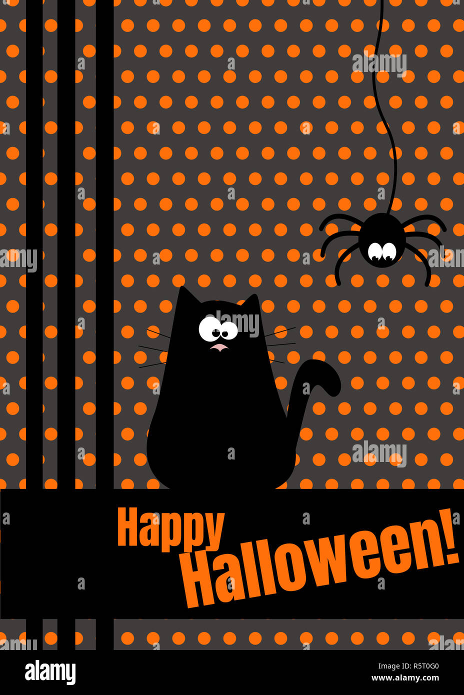 Happy Halloween greeting card with hanging on dash line web spider ...