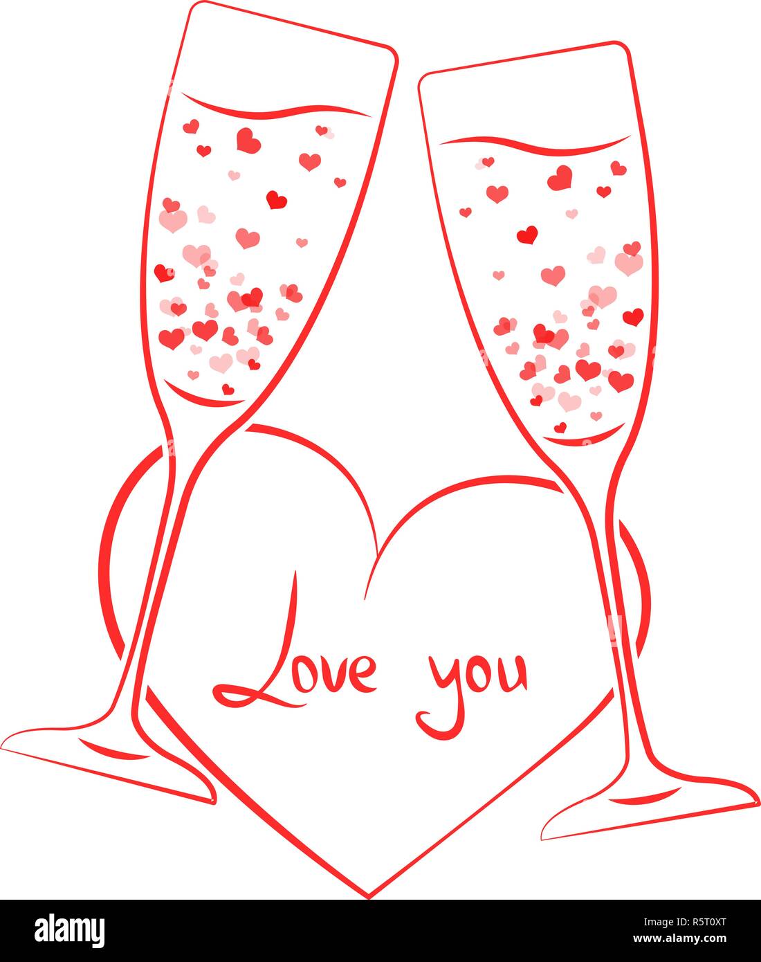 linear champagne glass hearts Stock Vector