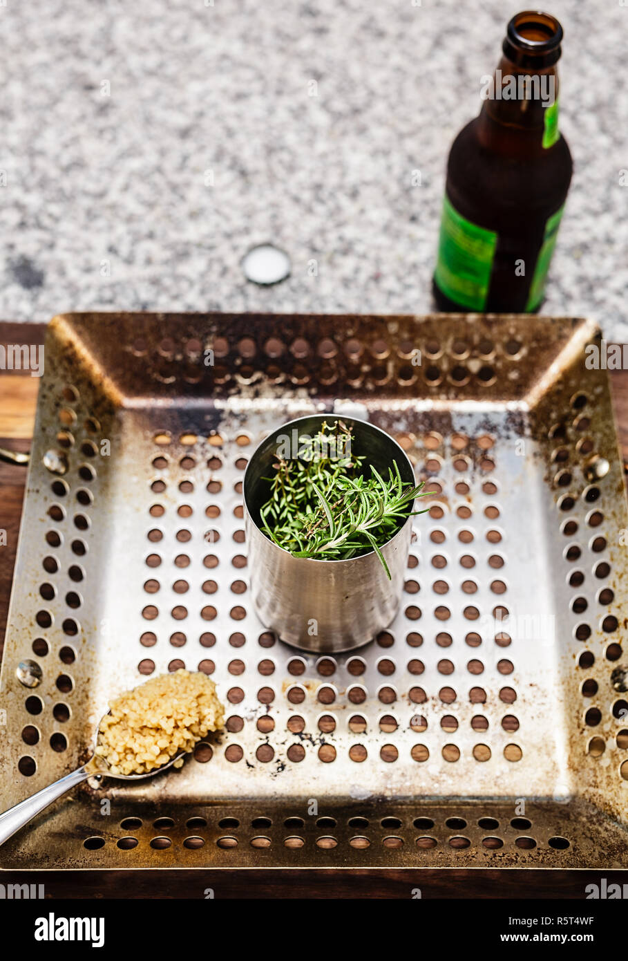 Beer Can Chicken Pan With Herbs Stock Photo Alamy