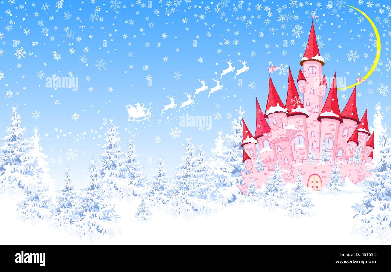Cartoon pink castle on the background of winter snow-covered forest. Winter landscape with a pink castle in the woods, snow, night, moon. Stock Vector
