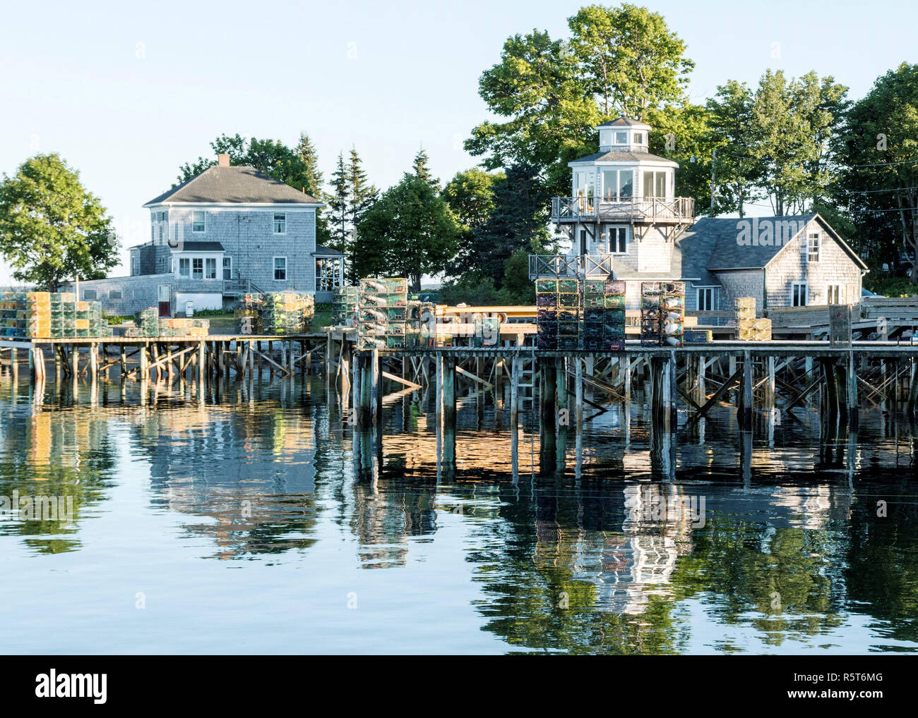 The coastline of bass harbor Maine with houses, trees, and their