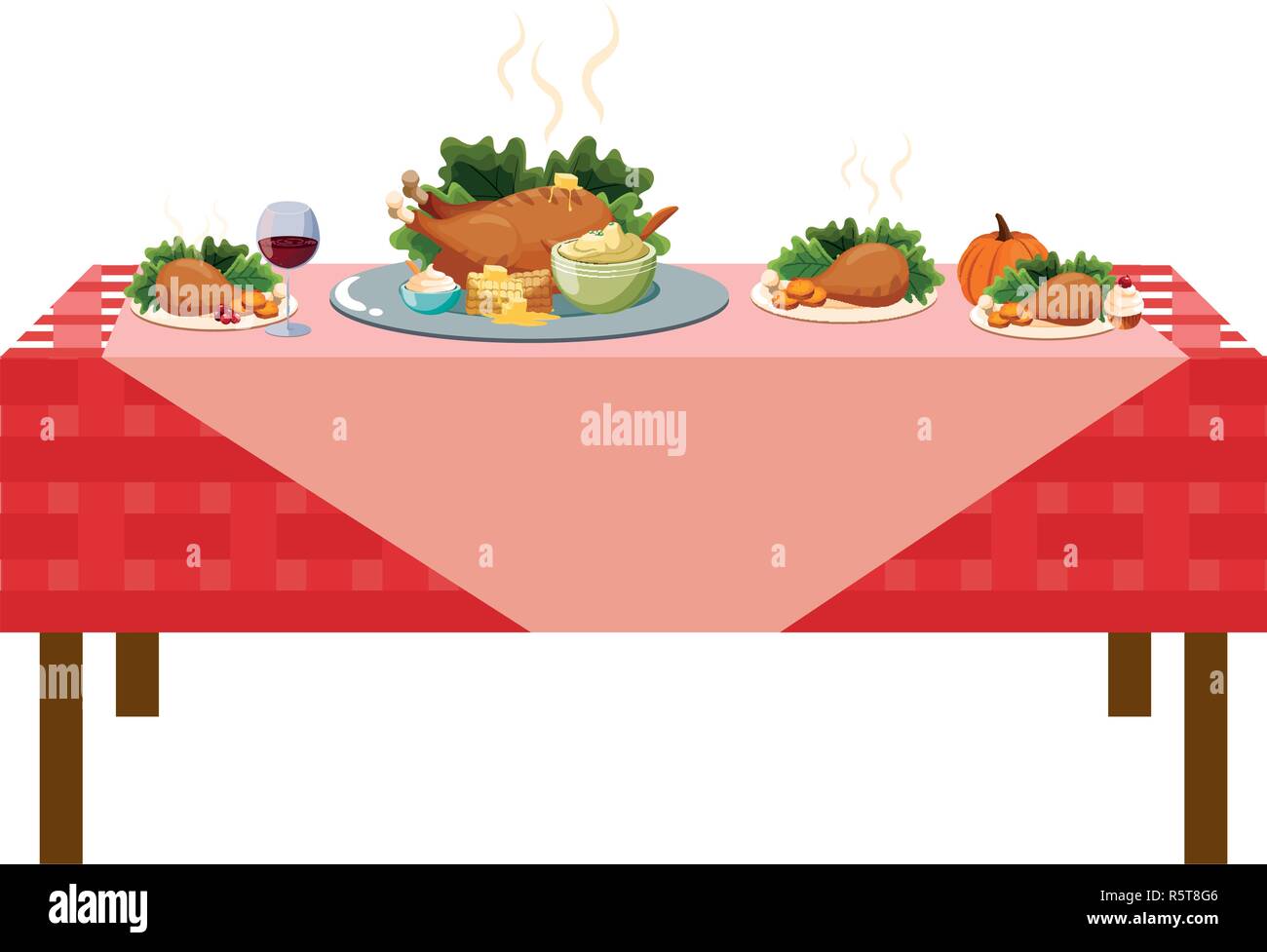 Thanksgiving dinner design with table with roasted chicken and food