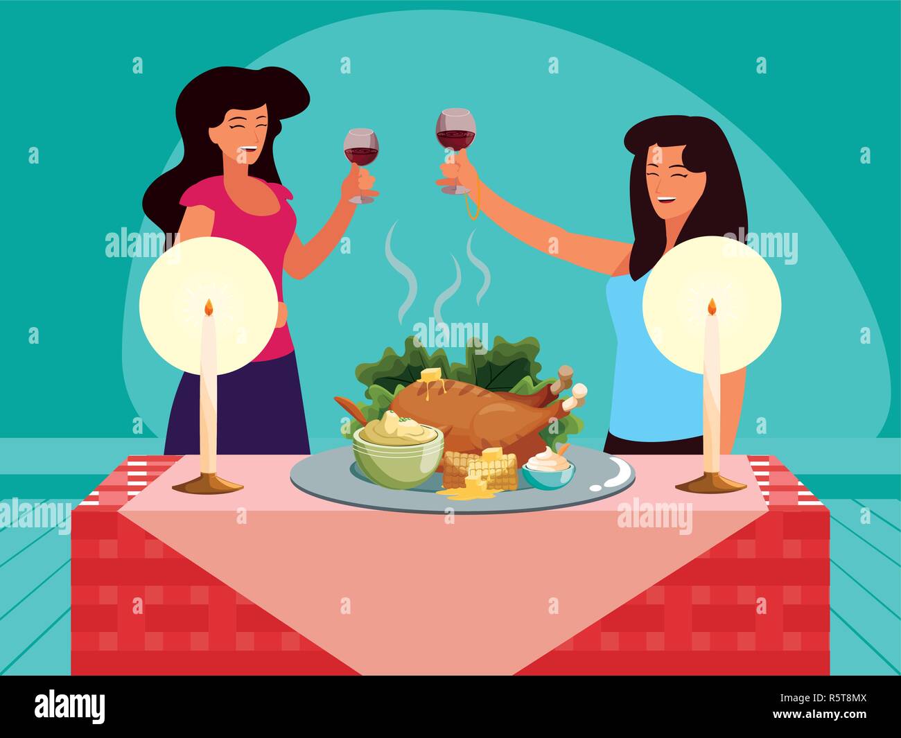 Thanksgiving Dinner Design With Cartoon Women Next To A Table With Roasted Chicken And Food Over Yellow Background Vector Illustration Stock Vector Image Art Alamy Thanksgiving Dinner Design With Cartoon Women Next To A Table With Roasted Chicken And Food Over Yellow Background Vector Illustration Stock Vector Image Art Alamy