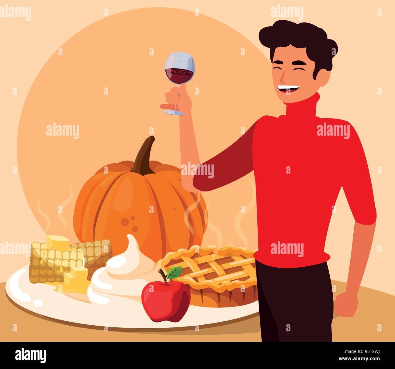cartoon man holding wine glass and sweet pie over orange background