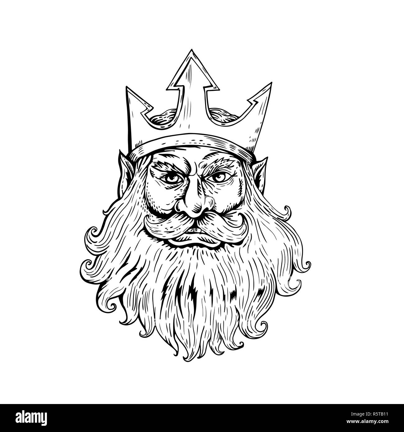 Poseidon Wearing Trident Crown Woodcut Stock Photo